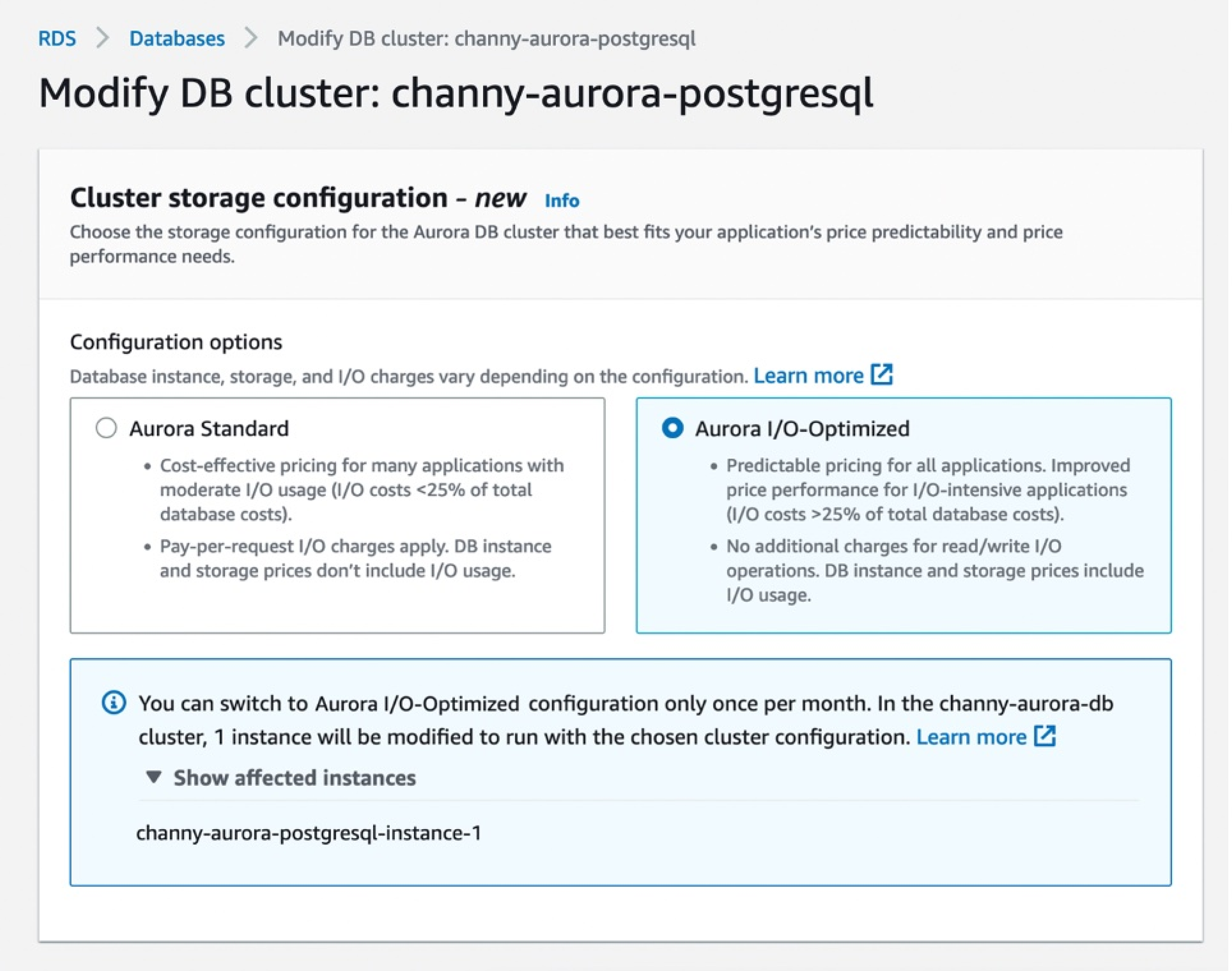 Aurora I/O-Optimized configuration in the AWS Console